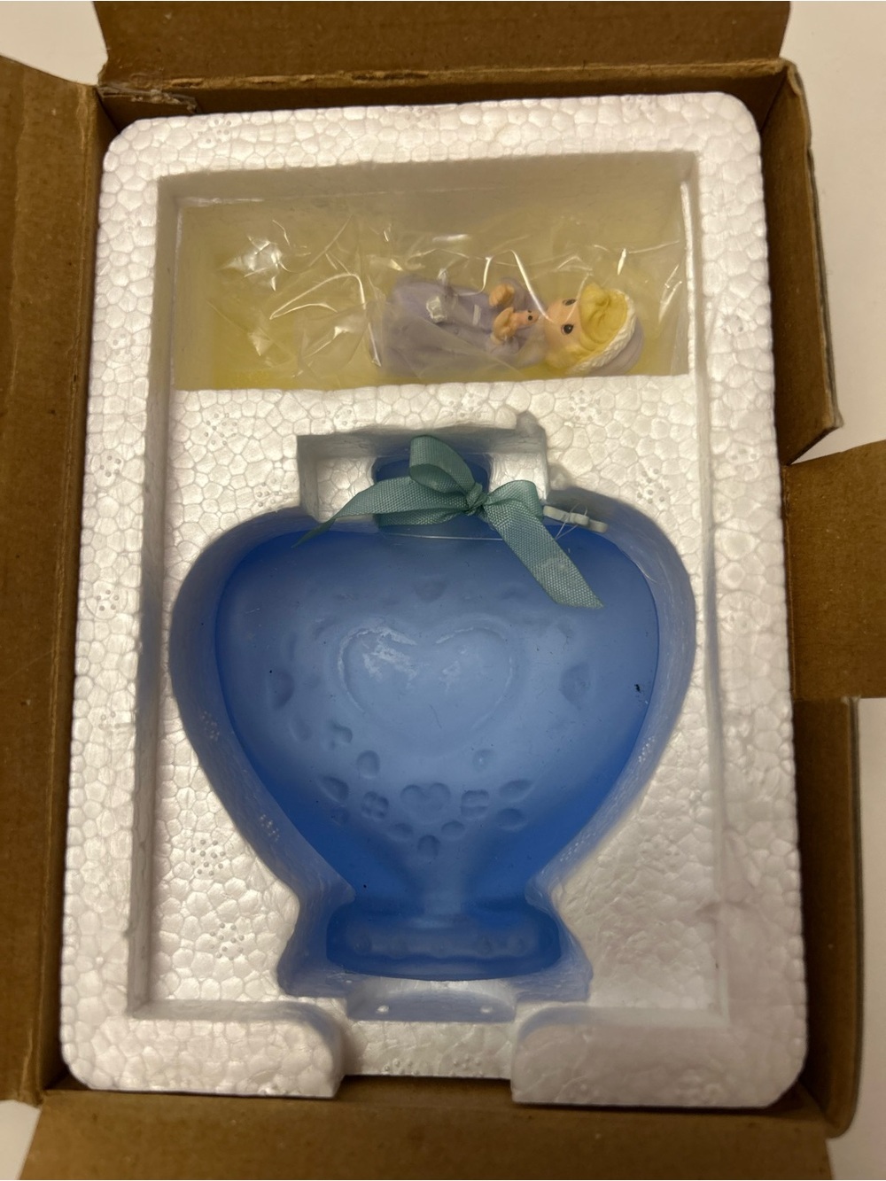 Precious Moments Blue Heart-Shaped Decorative Vase with Ribbon